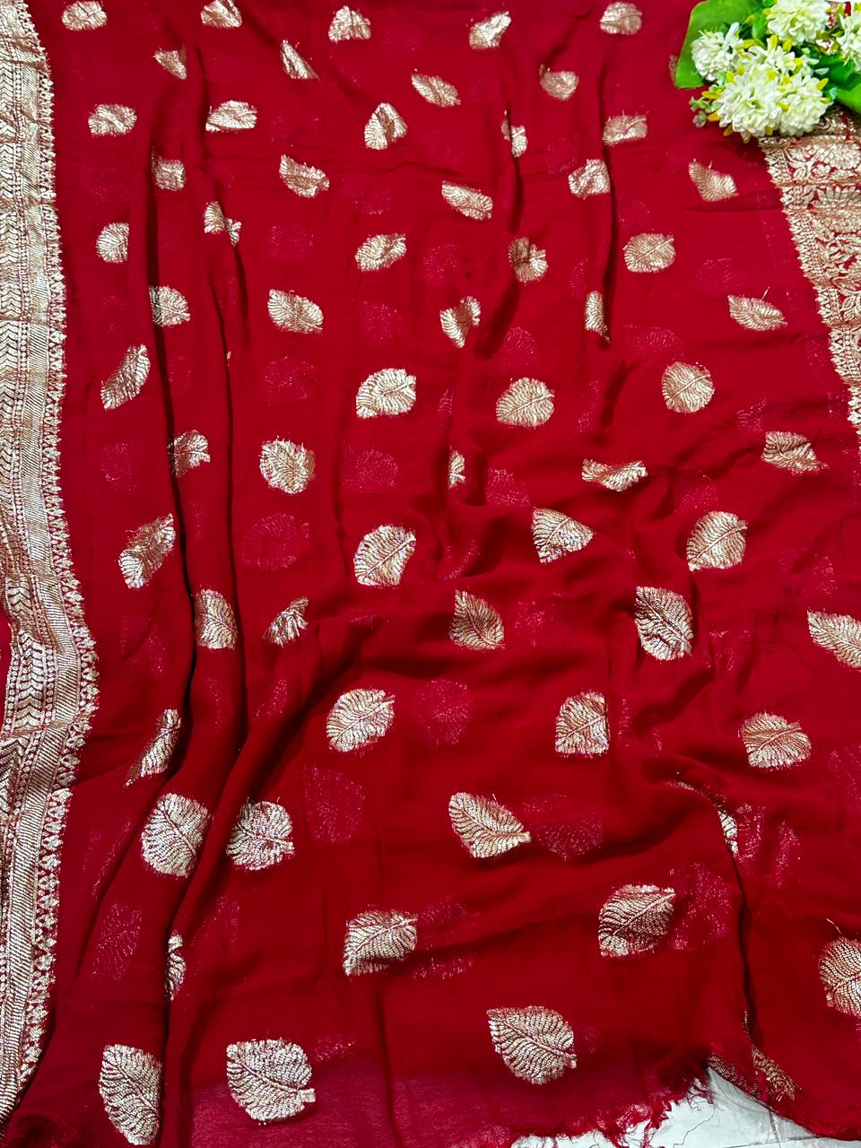 Red Viscose Georgette All Over Zari Work Saree With Blouse