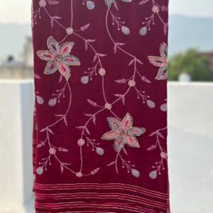 Wine Pure Chiffon Jaal Work Saree With Blouse