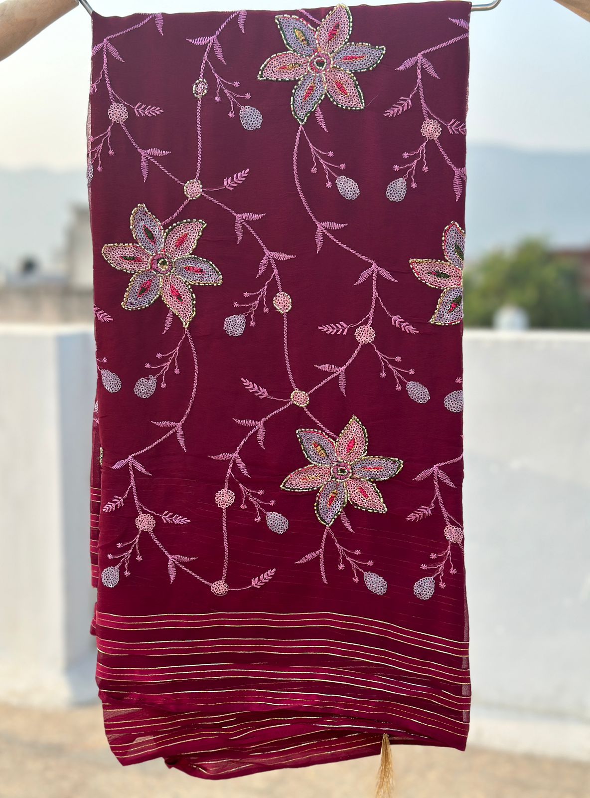 Wine Pure Chiffon Jaal Work Saree With Blouse