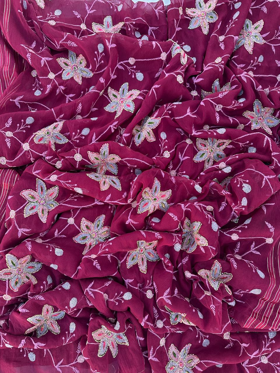 Wine Pure Chiffon Jaal Work Saree With Blouse