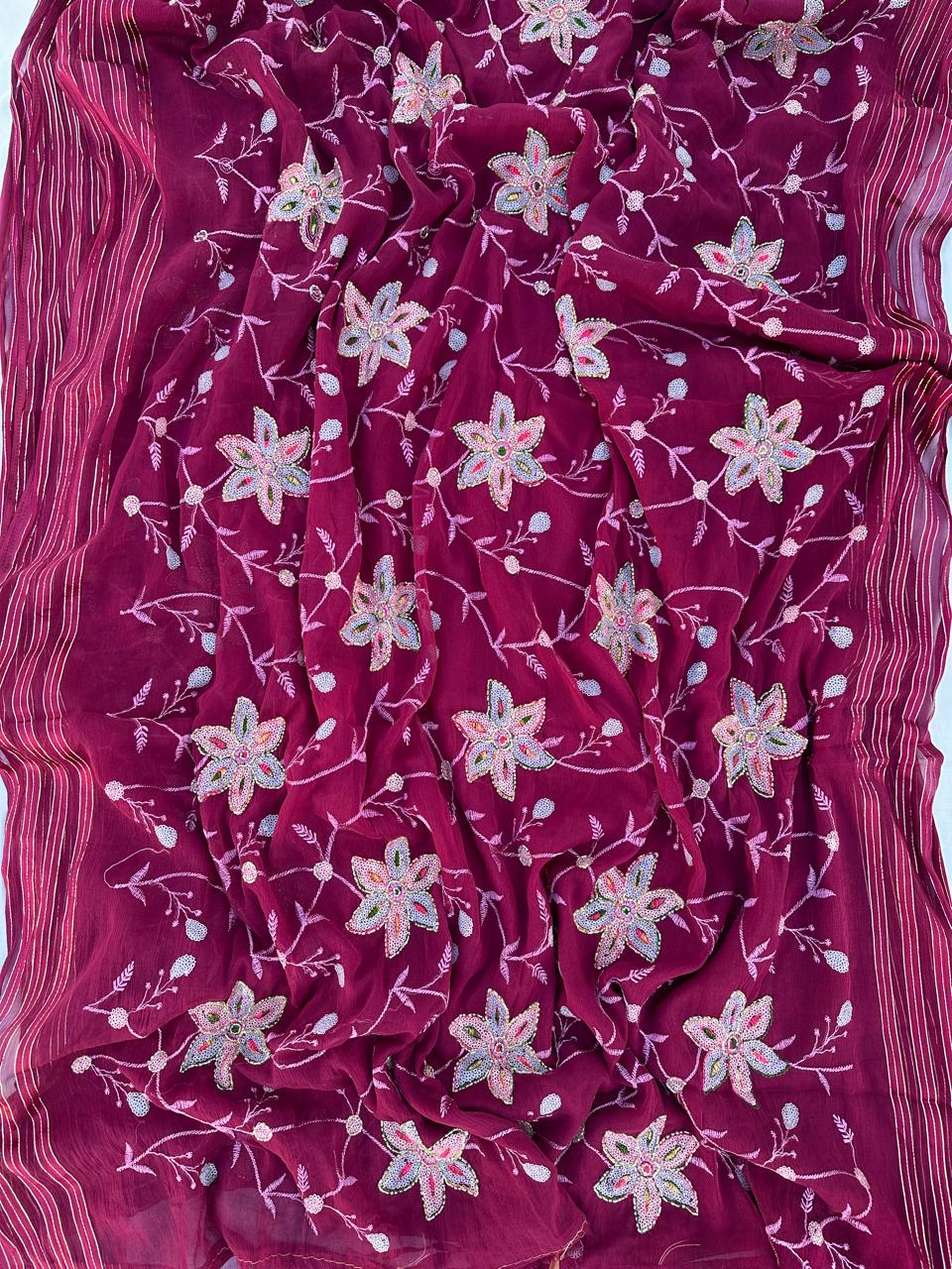 Wine Pure Chiffon Jaal Work Saree With Blouse