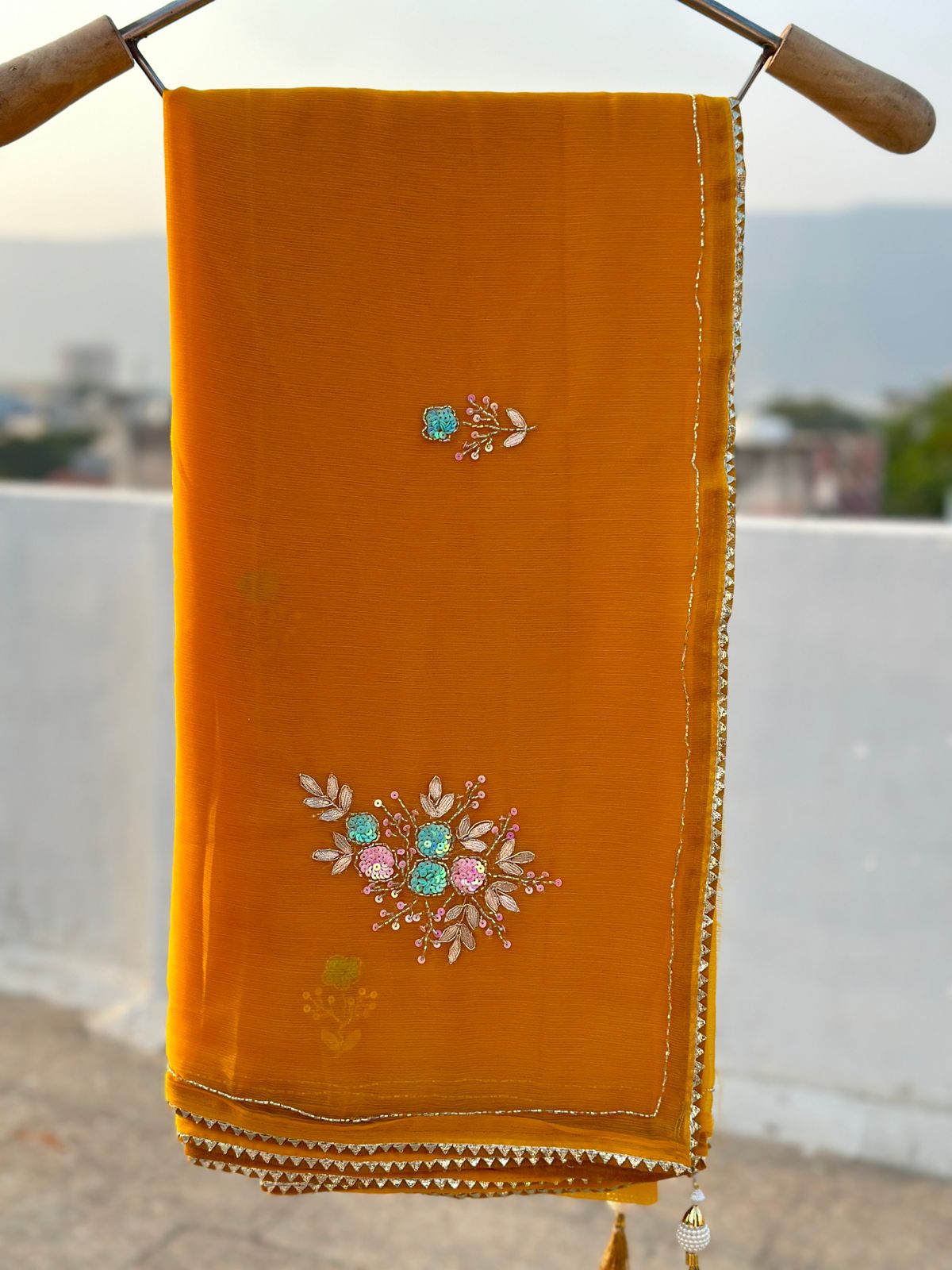 Mustard Yellow Chiffon Sequence Hand Work Saree