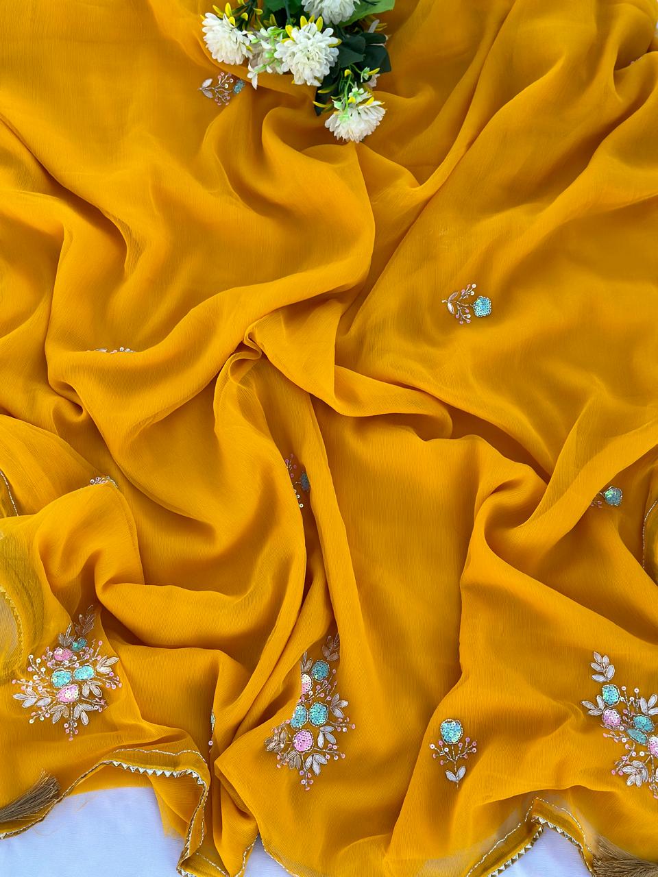 Mustard Yellow Chiffon Sequence Hand Work Saree
