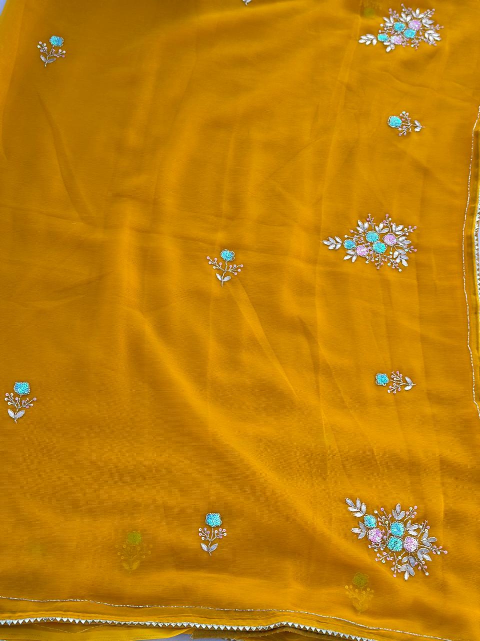 Mustard Yellow Chiffon Sequence Hand Work Saree