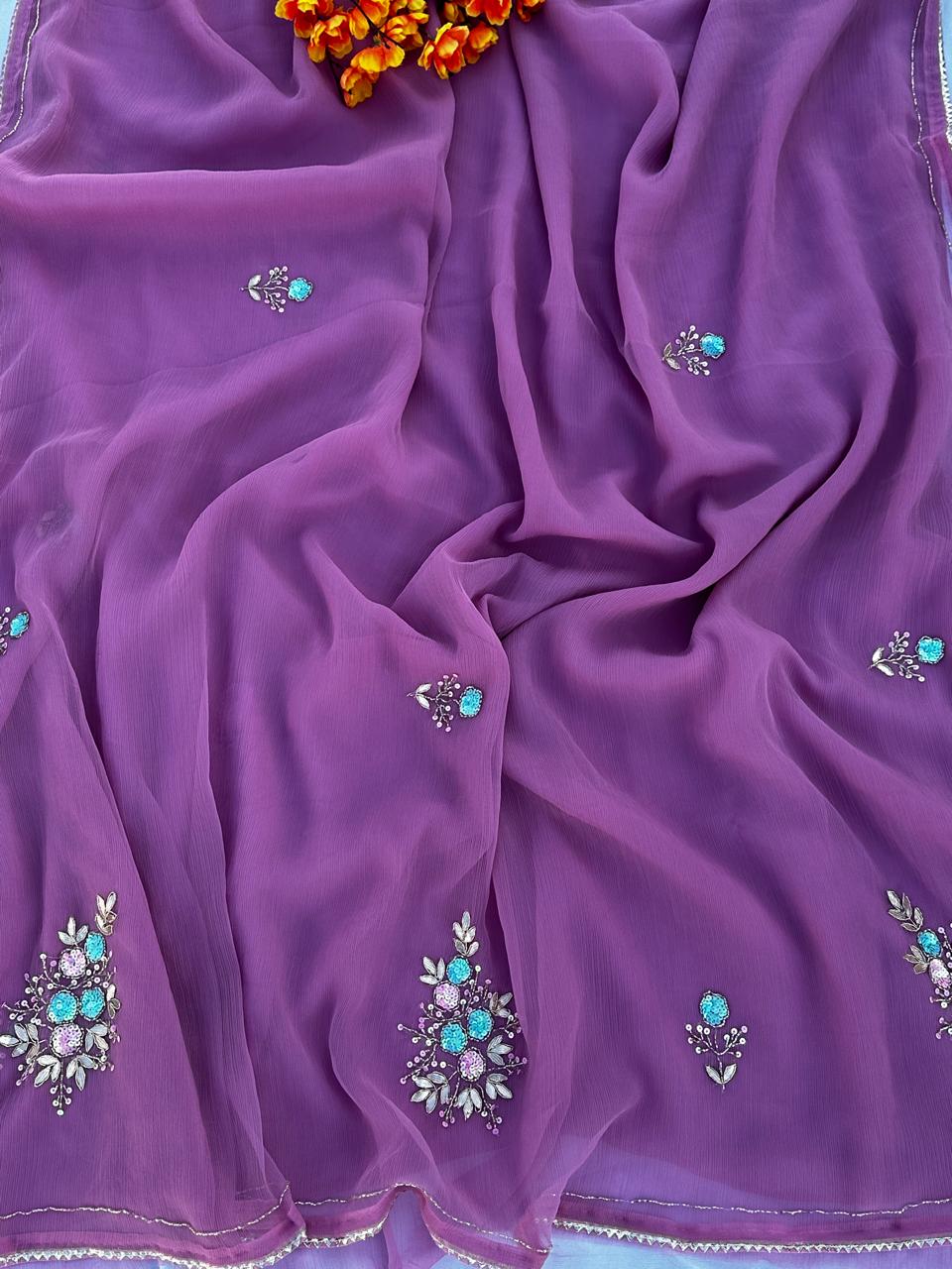 Purple Chiffon Sequenced Handcrafted Saree with Blouse