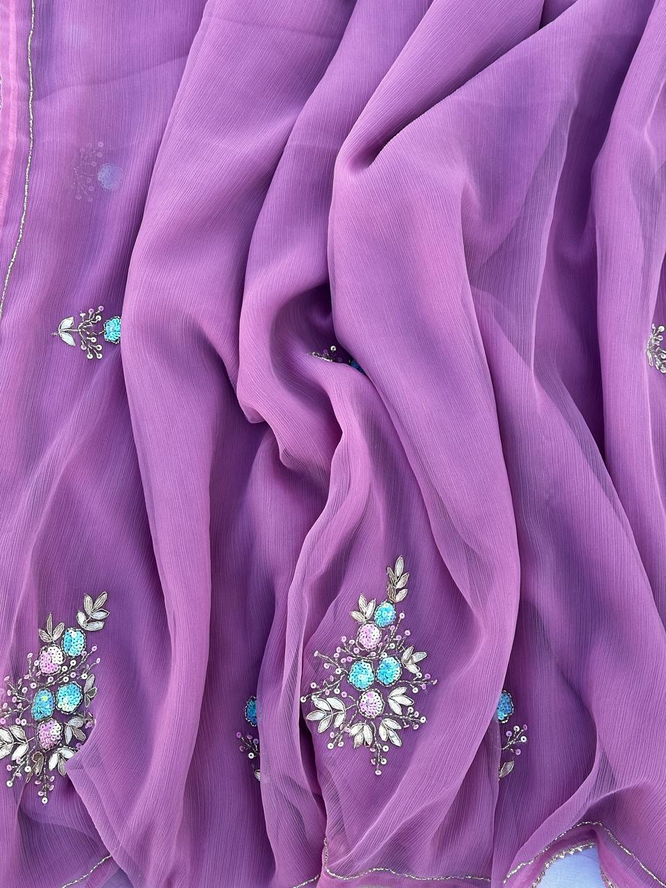 Purple Chiffon Sequenced Handcrafted Saree with Blouse