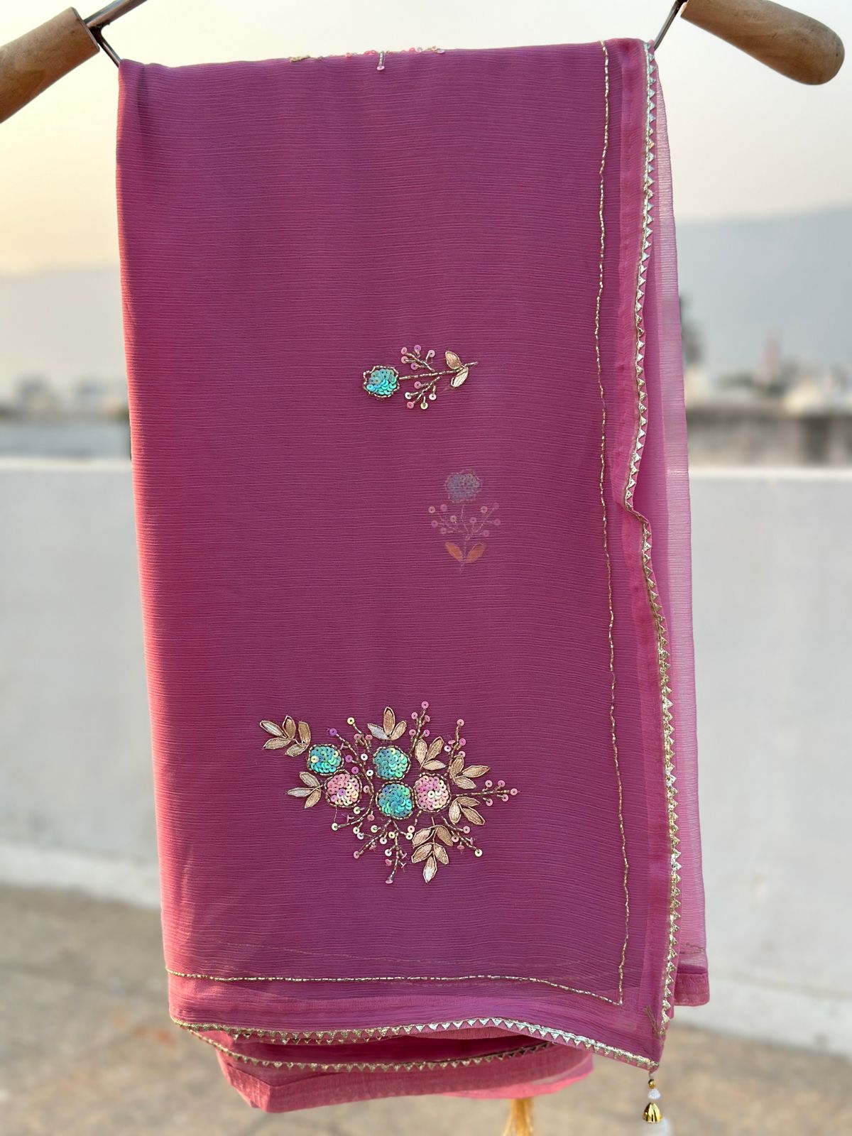 Purple Chiffon Sequenced Handcrafted Saree with Blouse