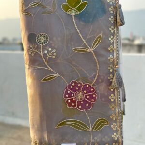 Grey Organza Silk Gotta Patti Hand Work Saree with Blouse