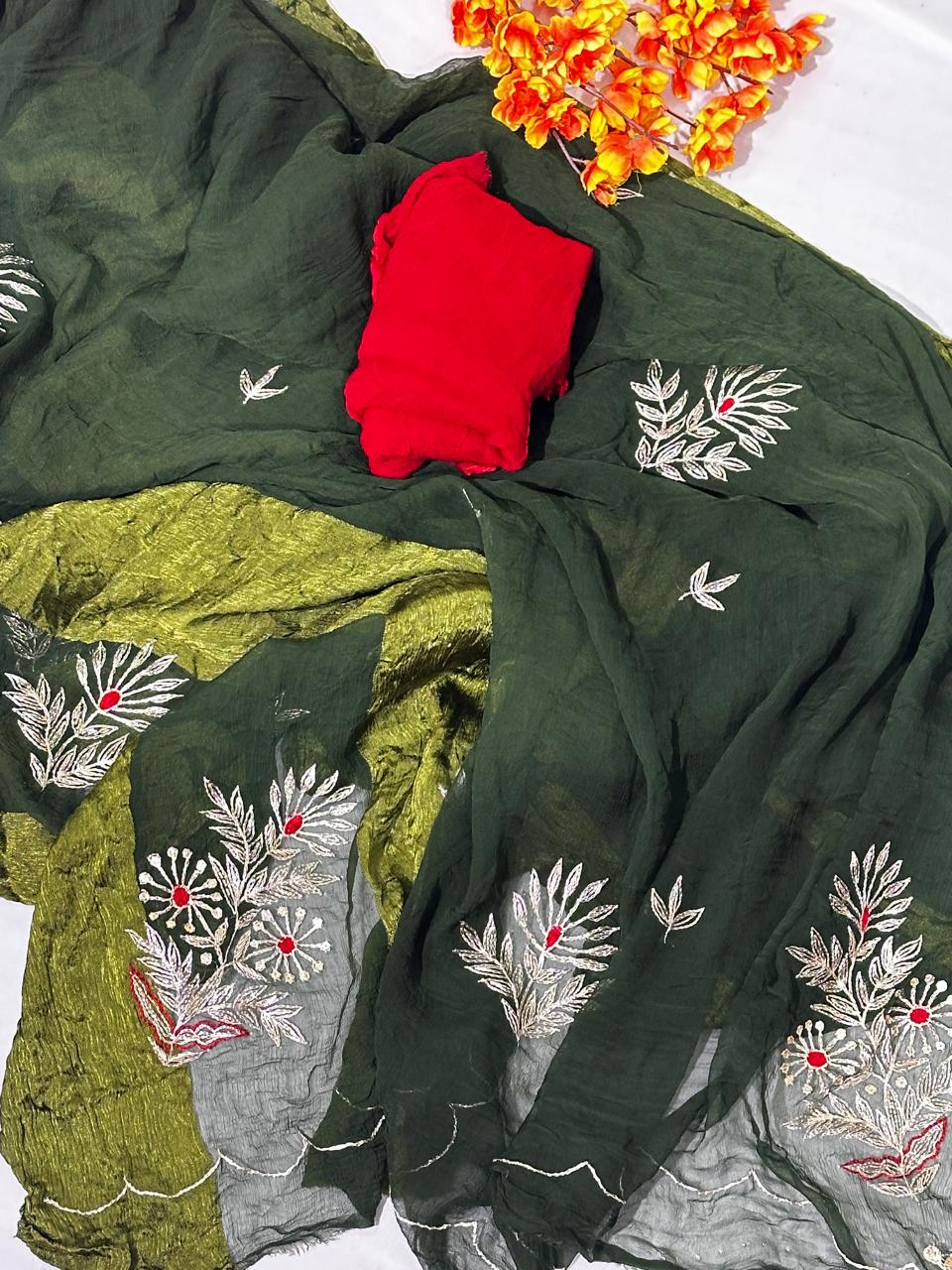 Bottle Green Pure Chiffon Pittan Hand Work Saree with Blouse