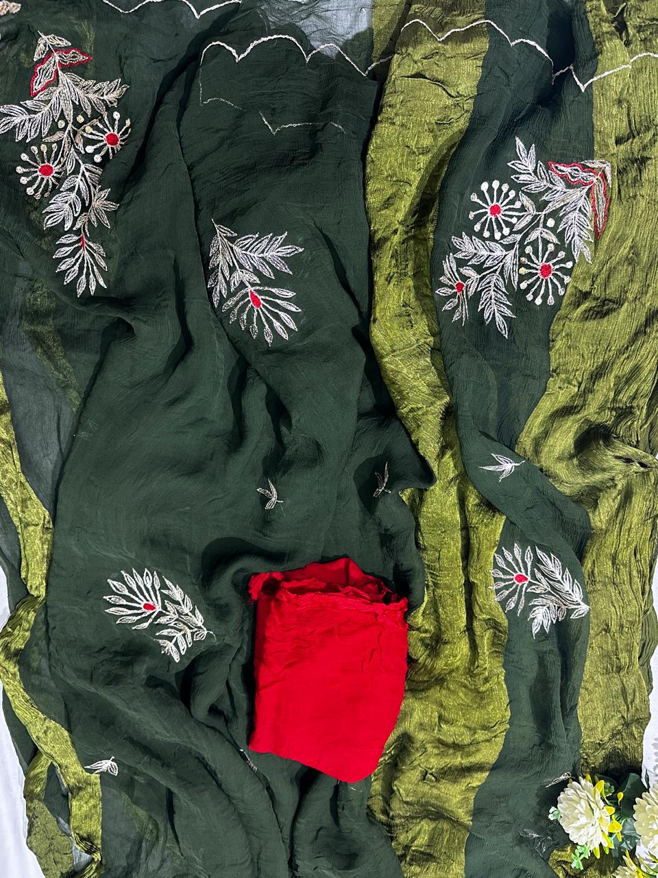 Bottle Green Pure Chiffon Pittan Hand Work Saree with Blouse
