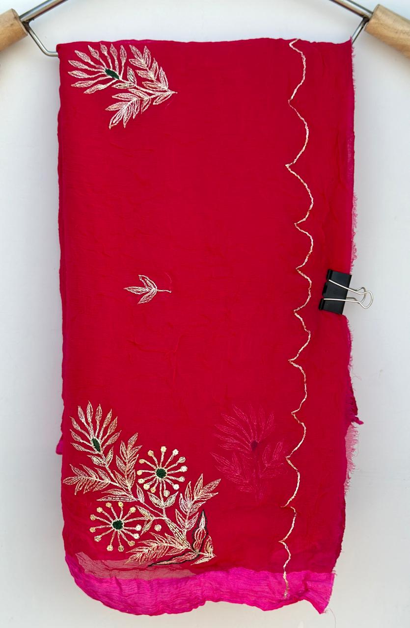 Rani Pink Pure Chiffon Pittan Hand Work Saree with Blouse