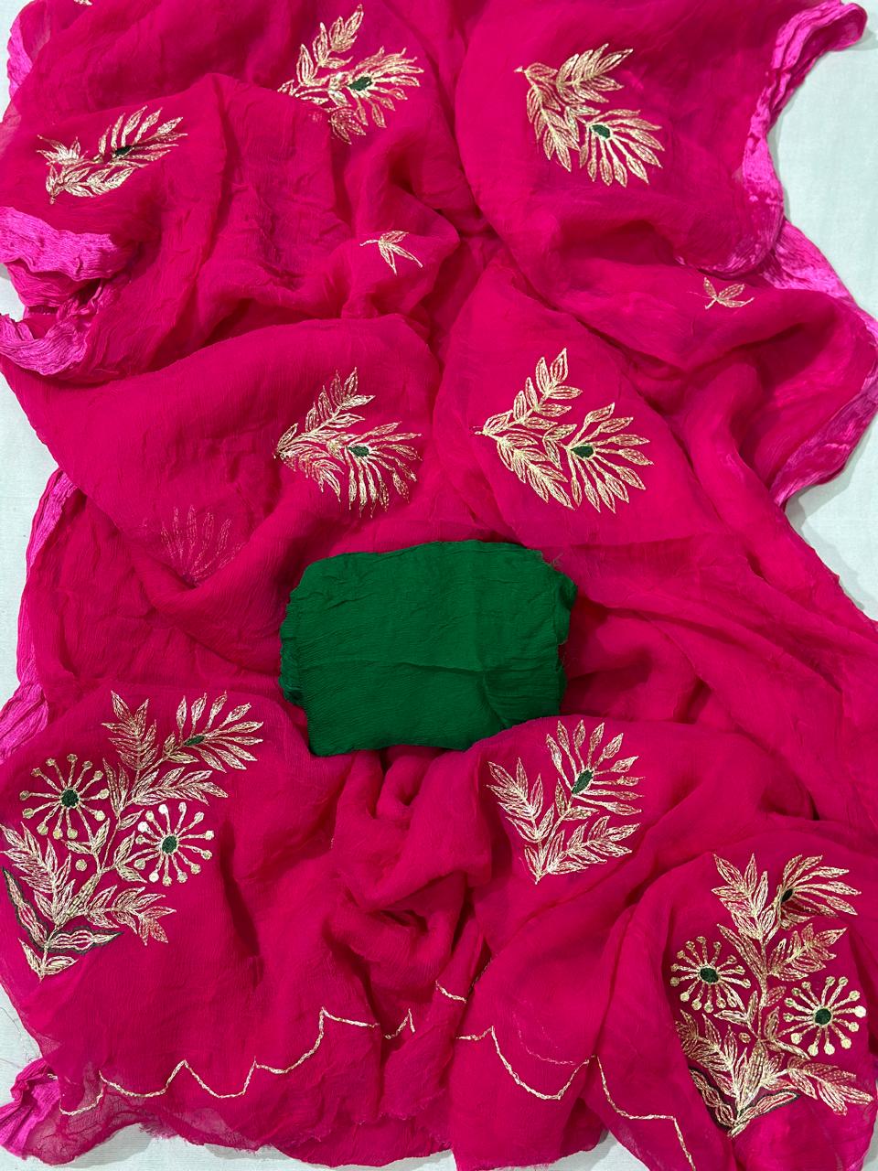 Rani Pink Pure Chiffon Pittan Hand Work Saree with Blouse