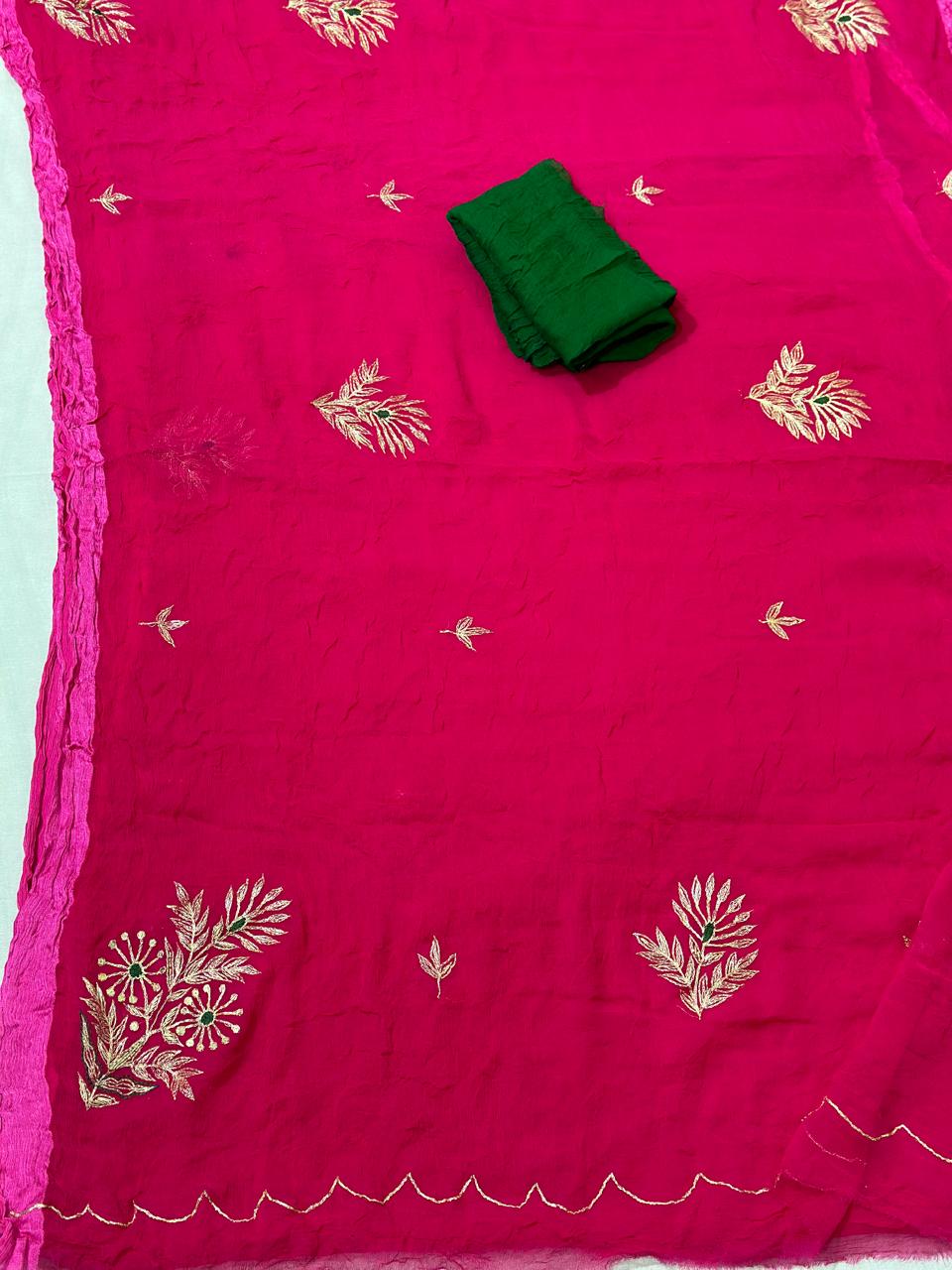 Rani Pink Pure Chiffon Pittan Hand Work Saree with Blouse