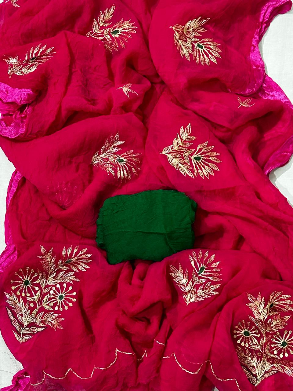 Rani Pink Pure Chiffon Pittan Hand Work Saree with Blouse