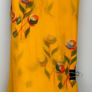 Mustard Yellow Chiffon Hand Brush Paint Saree With Blouse