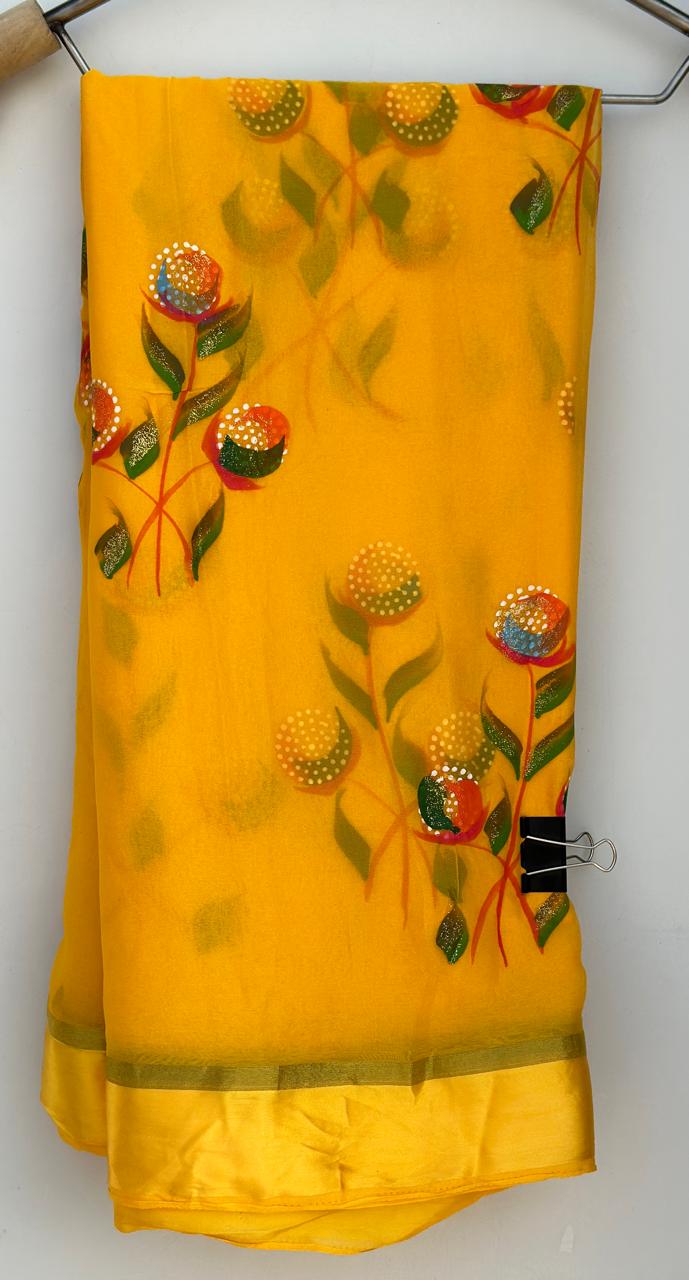 Mustard Yellow Chiffon Hand Brush Paint Saree With Blouse