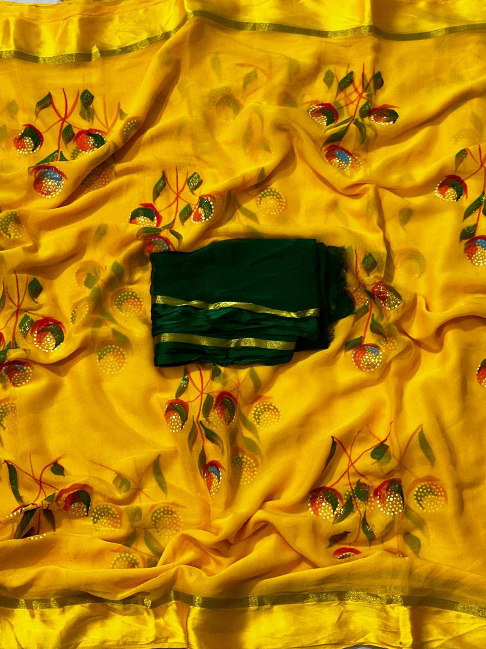 Mustard Yellow Chiffon Hand Brush Paint Saree With Blouse