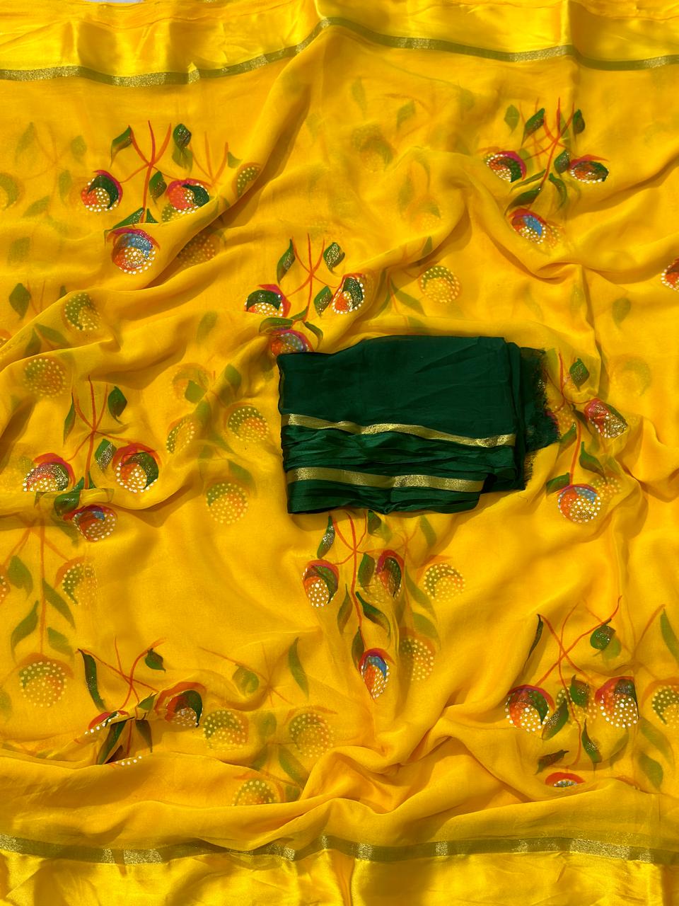 Mustard Yellow Chiffon Hand Brush Paint Saree With Blouse