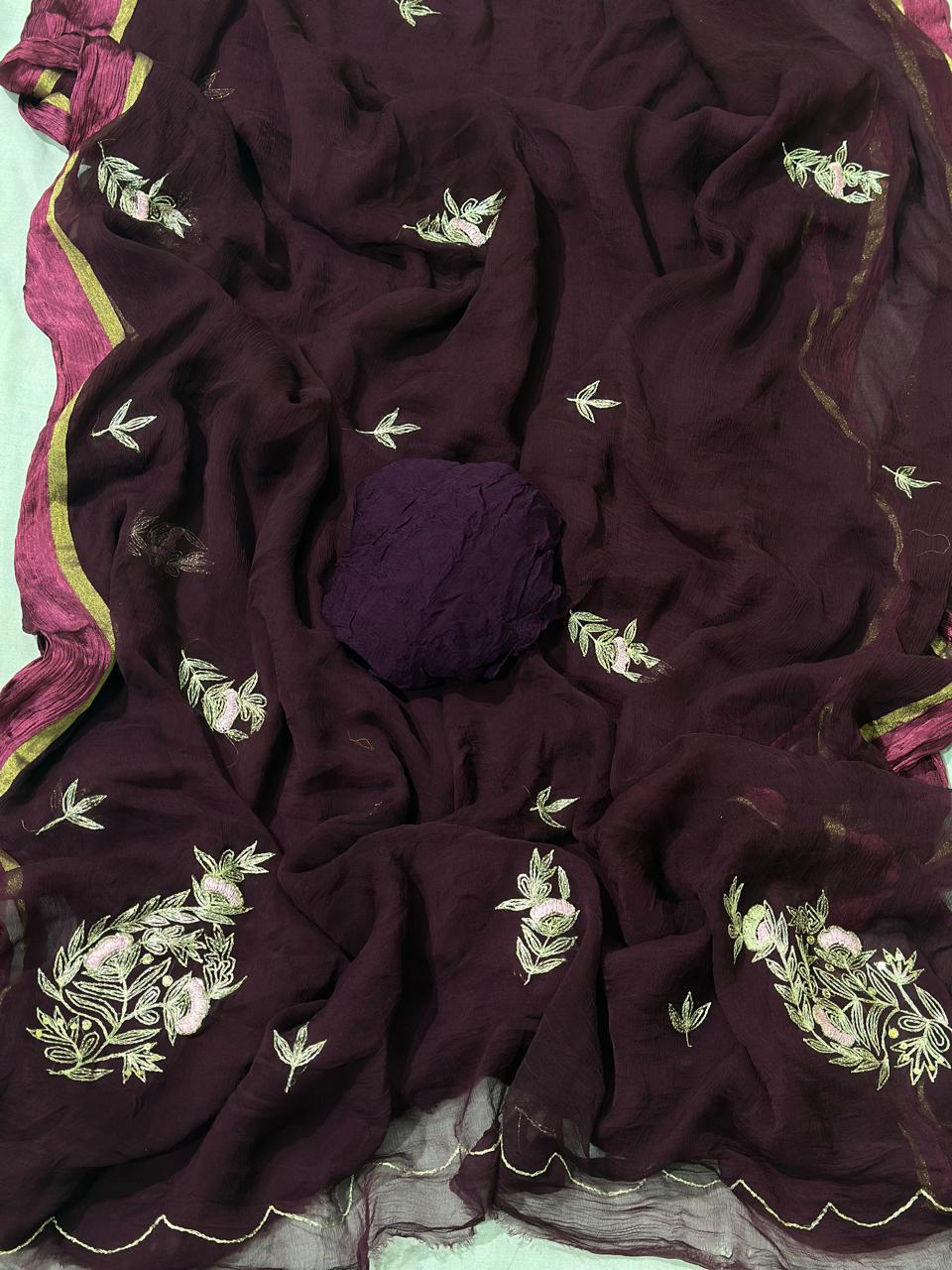 Wine Pure Chiffon Pittan Hand Work Saree with Blouse
