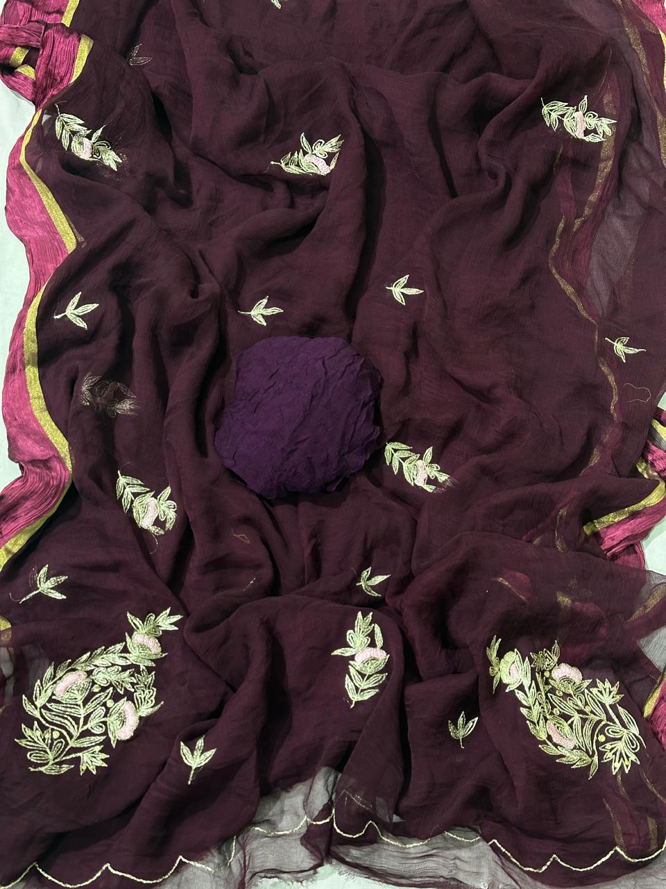 Wine Pure Chiffon Pittan Hand Work Saree with Blouse