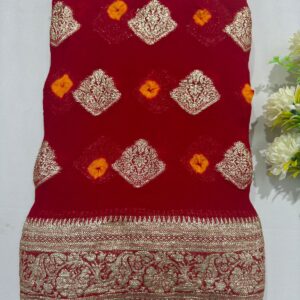 Red Viscose Georgette Bandhej Hand Zari Woven Saree