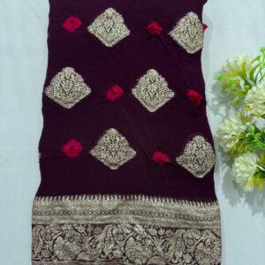 Wine Viscose Georgette Bandhej Hand Zari Woven Saree