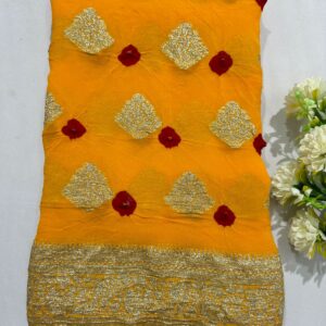 Mustard Yellow Viscose Georgette Bandhej Hand Zari Woven Saree