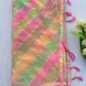 Multi Color Lehariya Katdana Work Saree With Blouse