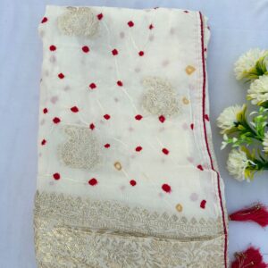 Beige Pure Viscose Hand Woven Zari And Bandhej Saree With Blouse